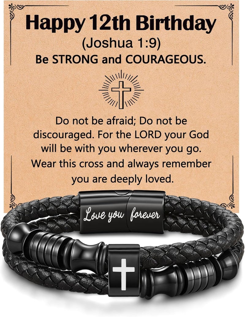 UNGENT THEM Joshua 1:9 Encouraging Christian Birthday Gifts for Boys Teens Men, Bible Verse Leather Cross Bracelet - Image 1